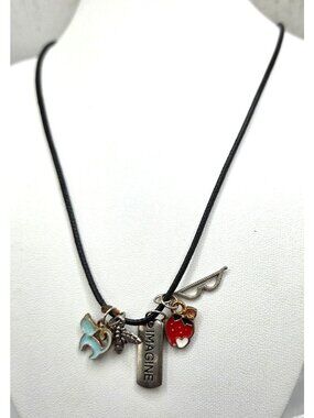 Black Cord Necklace W/ Silver "Imagine" Tag Charms Of Dove Bee Strawberry